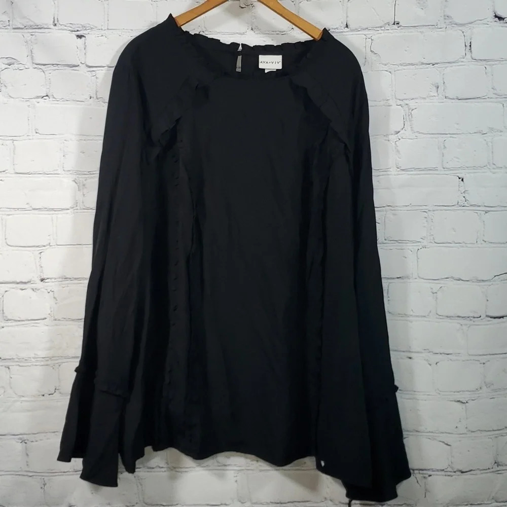 Ava &Viv Black Bell Sleeves Ruffled Trim Top